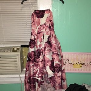 pink flowered low high strapless prom dress